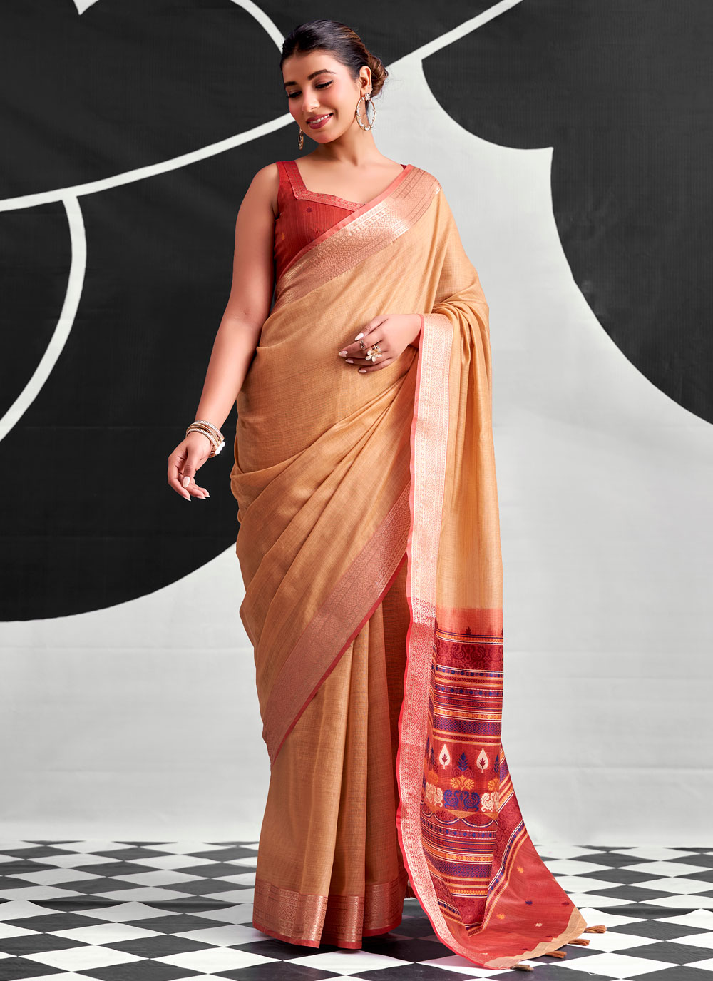Peach Cotton Woven and Printed Trendy Saree - Buy Online