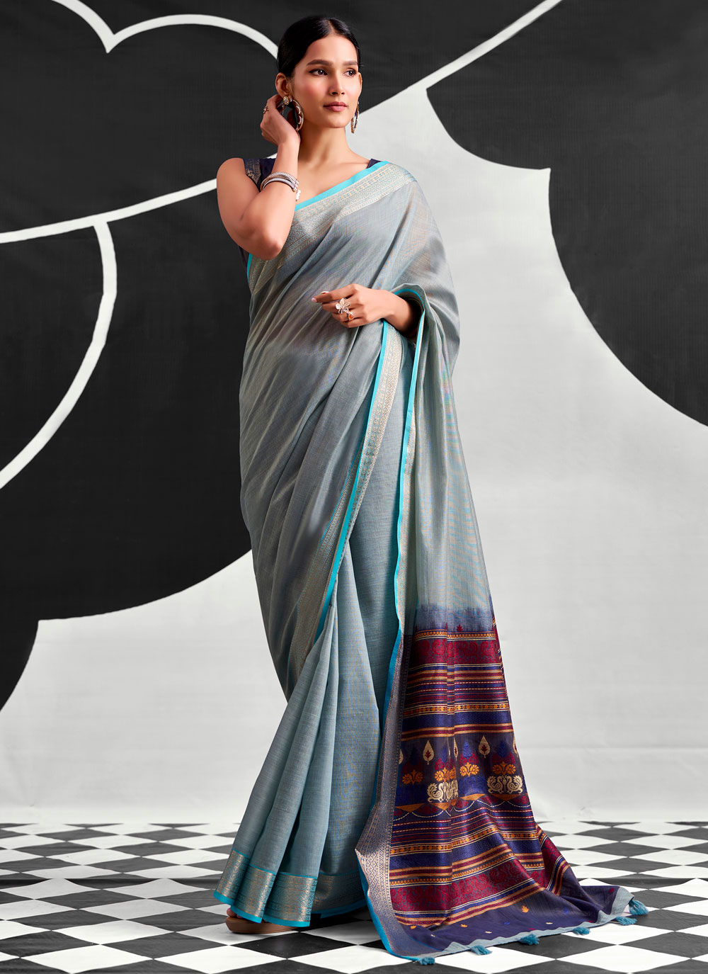Cotton Grey Printed and Woven Contemporary Saree - Buy Online