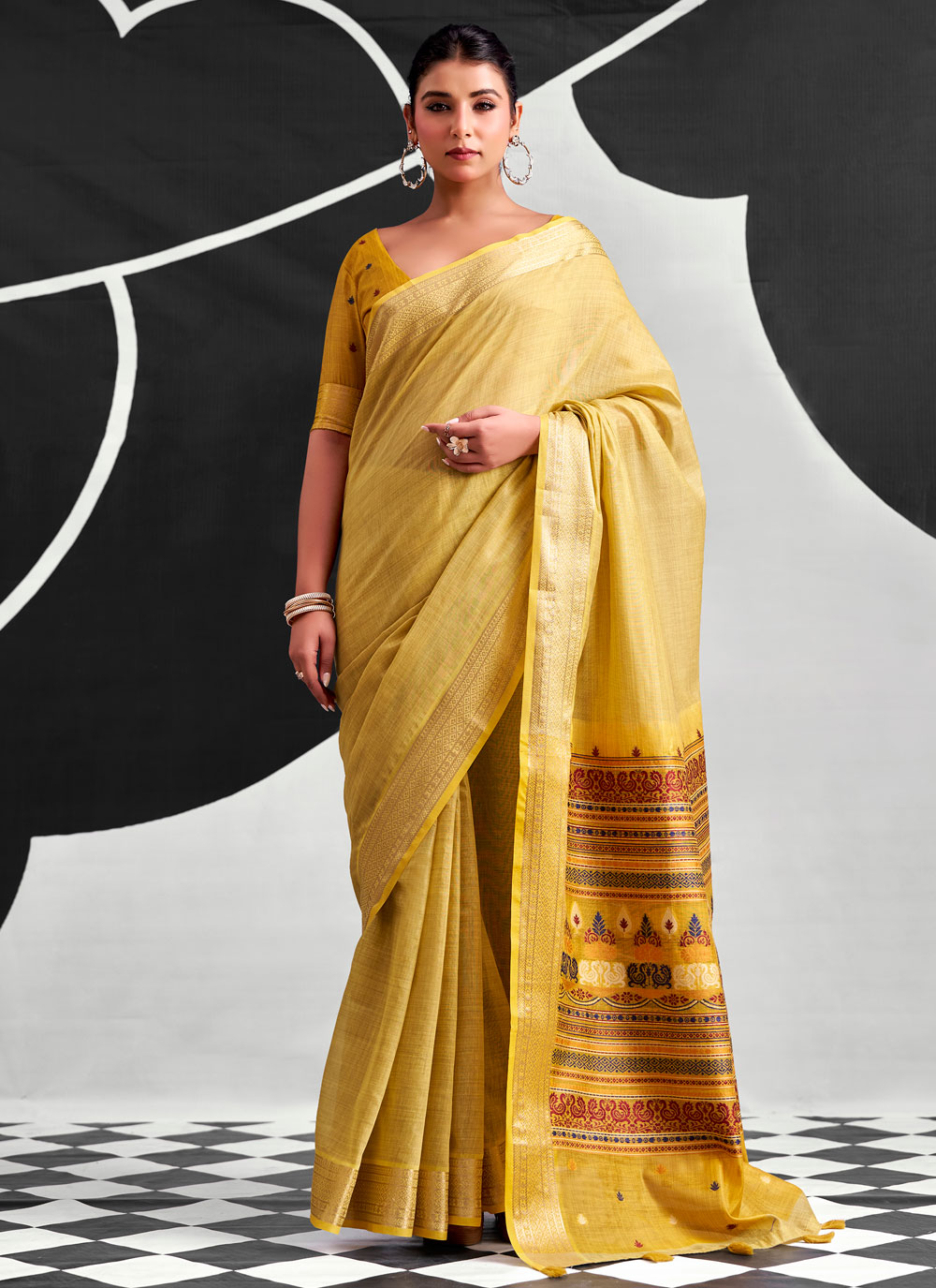 Printed and Woven Work Cotton Traditional Saree in Yellow - Buy Online