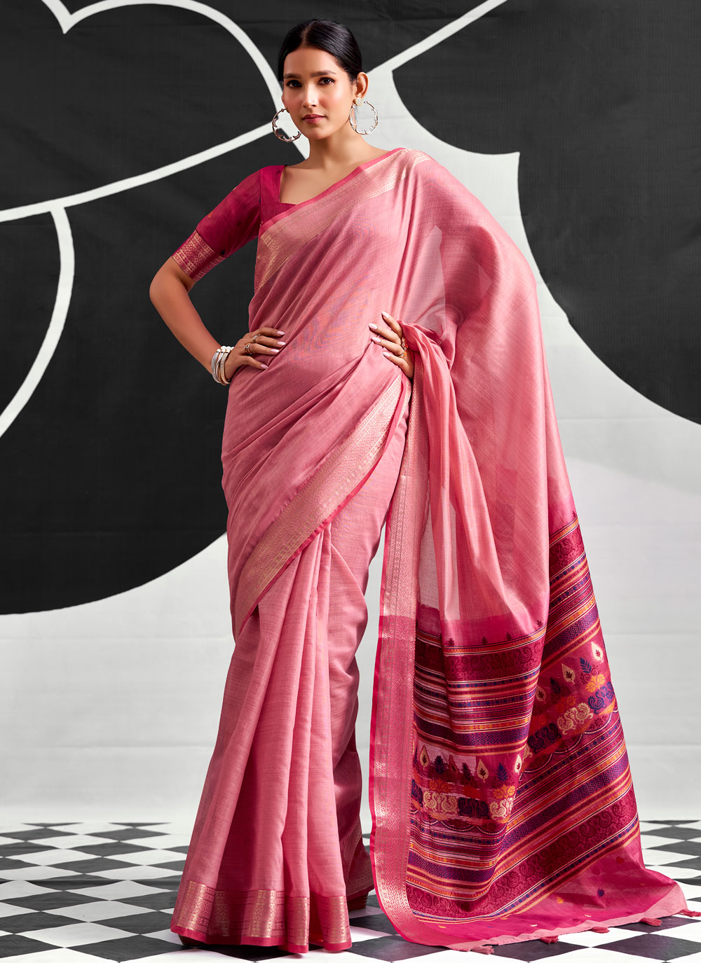 Pink Woven Printed Work Cotton Saree for Festival - Buy Online