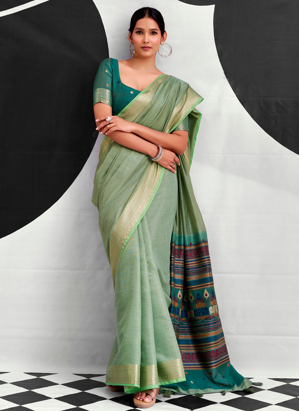Cotton Printed Woven Work Classic Saree in Sea Green - Buy Online