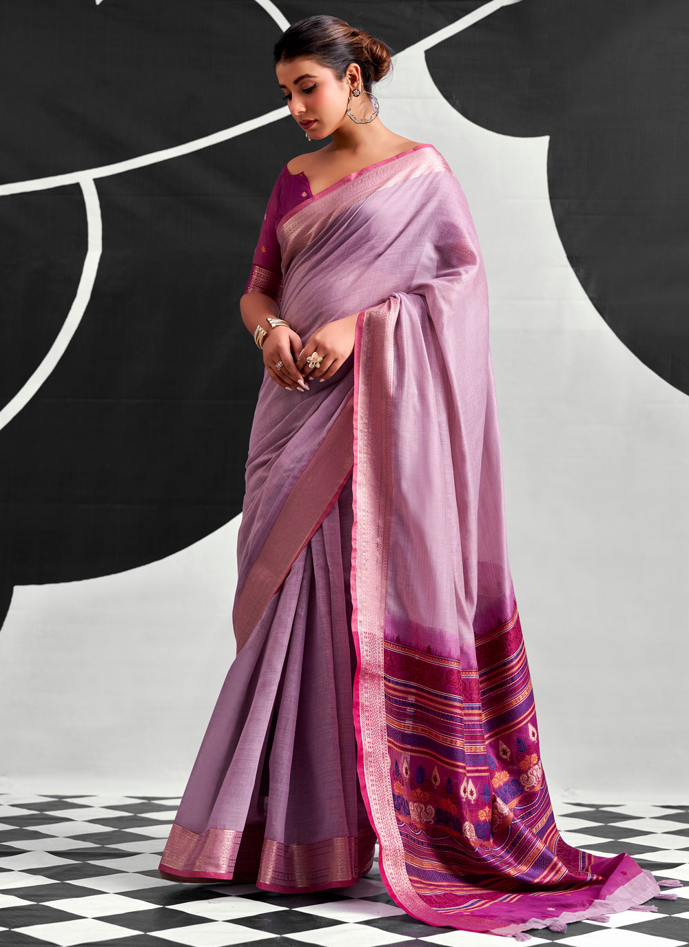 Lavender Cotton Woven Work Saree for Casual - Buy Online