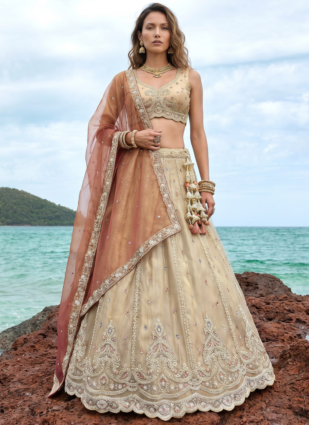 Cream Tissue Beads Embroidered Designer Lehenga Choli - Buy Online