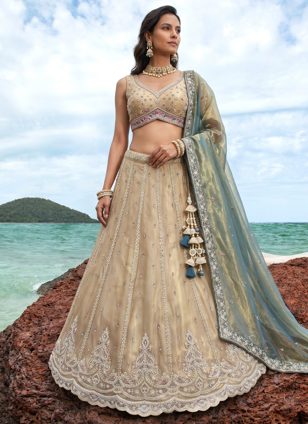 Tissue Cream Beads Embroidery Work Designer Lehenga Choli - Buy Online