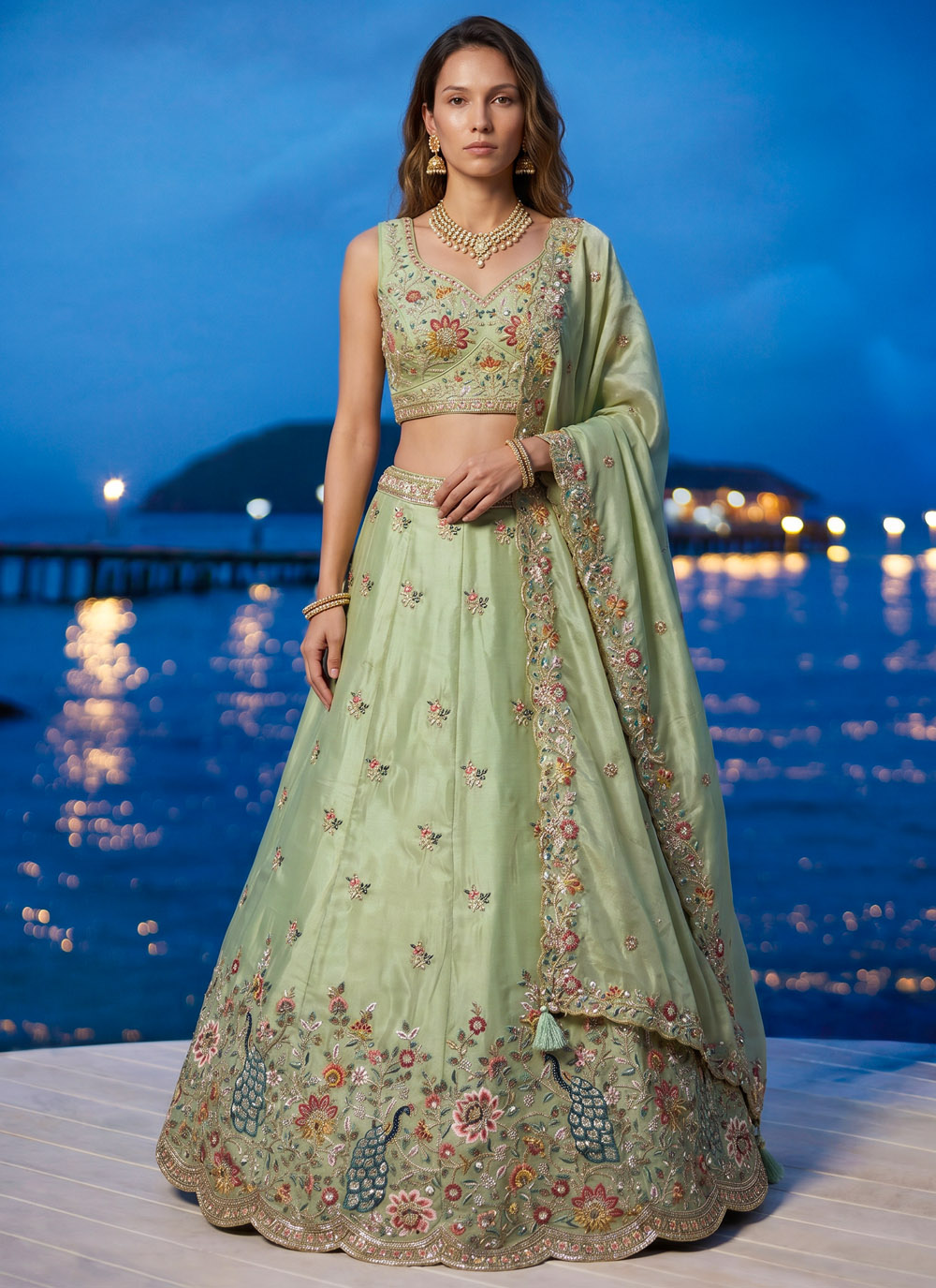 Green Organza Sequins Thread Embroidered Lehenga Choli for Ceremonial - Buy Online