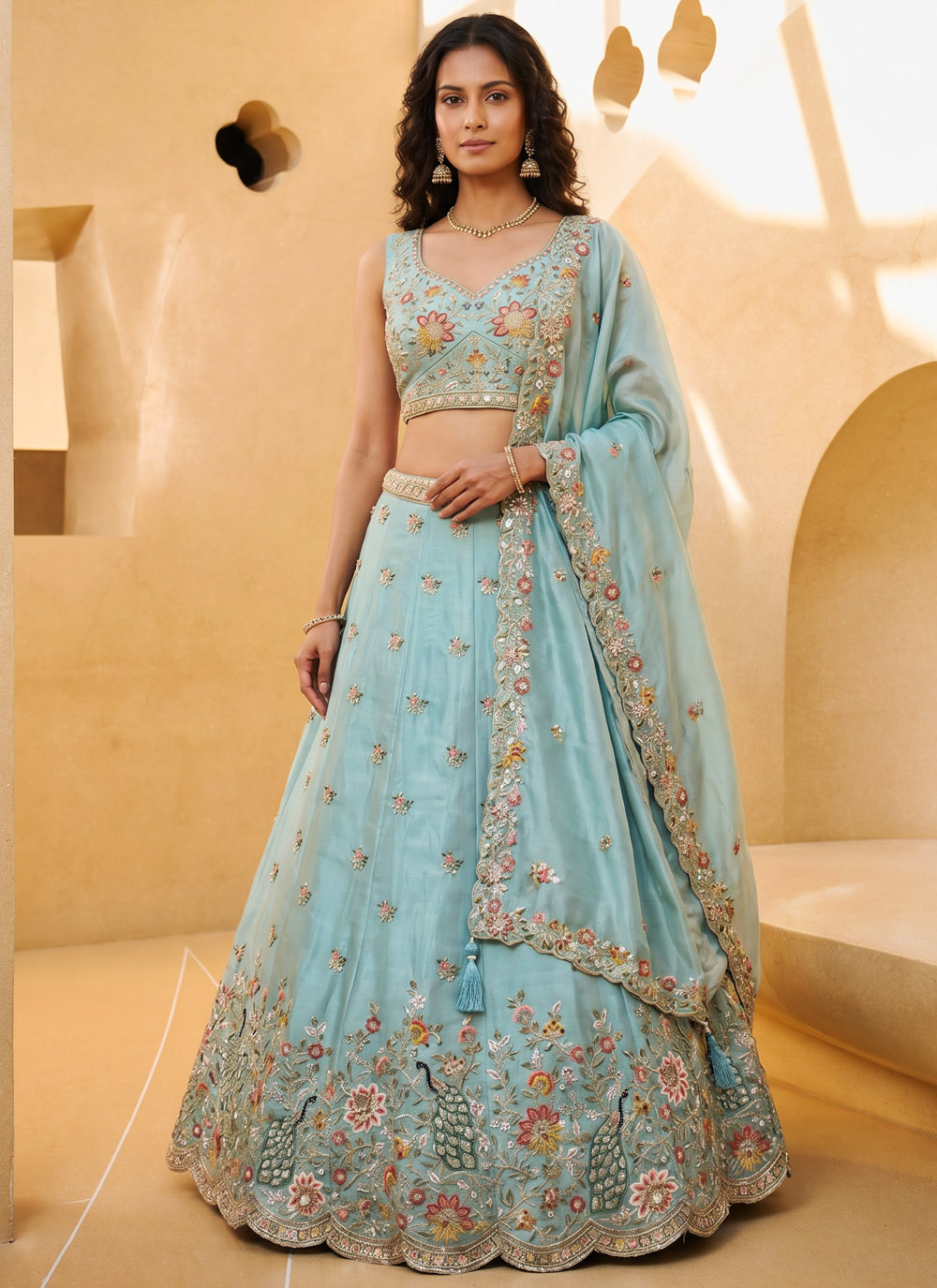 Organza Sequins Embroidered Aqua Blue Sangeet Function Lehenga Choli - Buy Online
