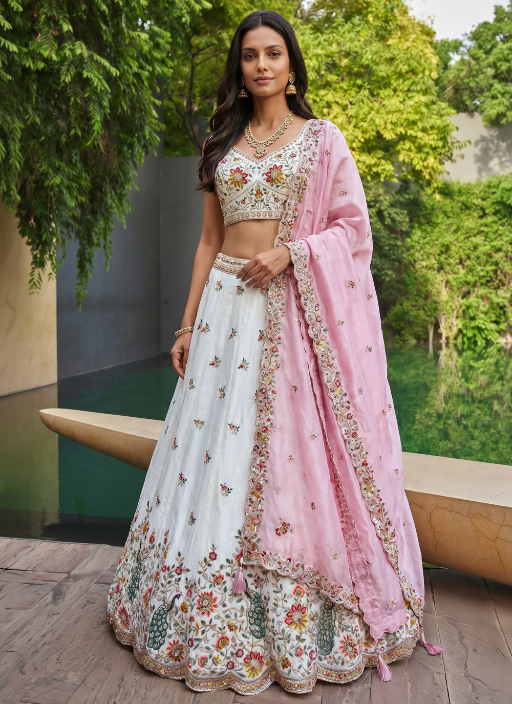 Cream Embroidered Organza Lehenga Choli for Bridesmaid - Buy Online