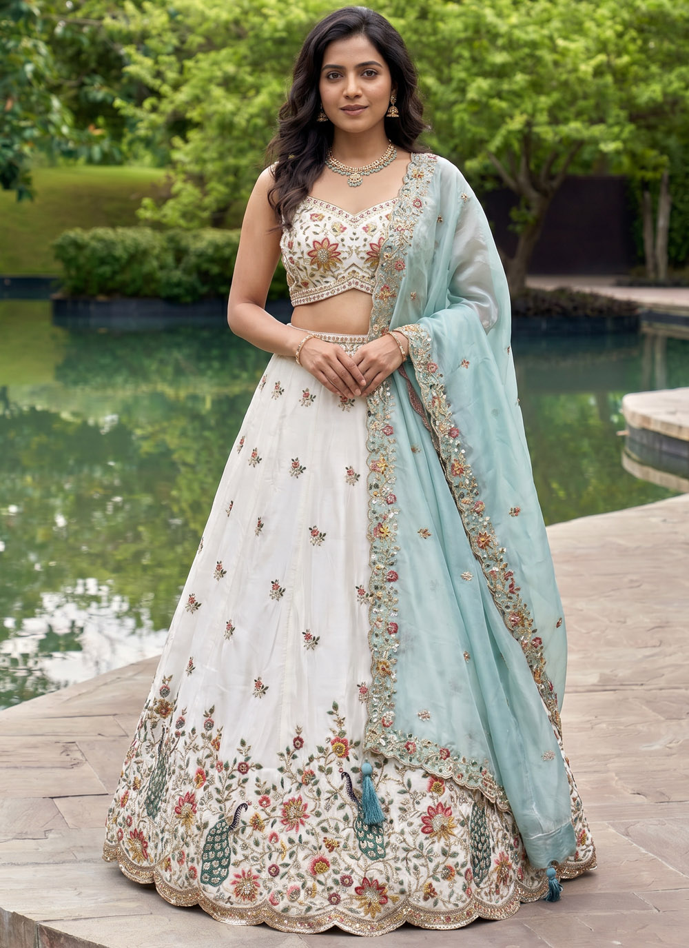 Organza Sequins Embroidered Cream Trendy Lehenga Choli - Buy Online