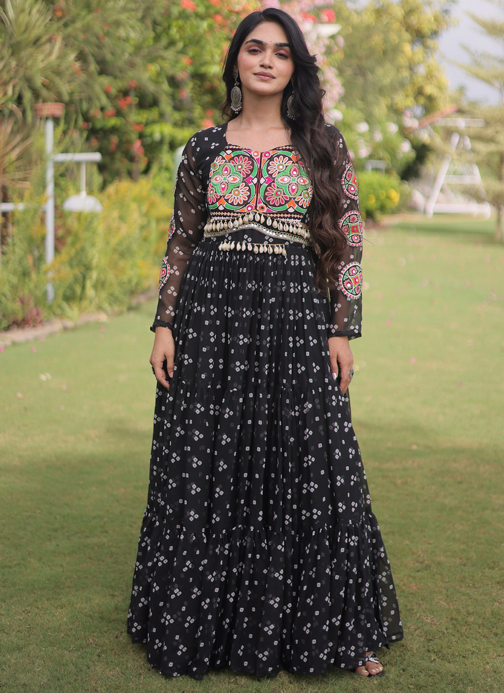 Black Faux Georgette Bandhej Print and Patch Work Graba Gown - Buy Online