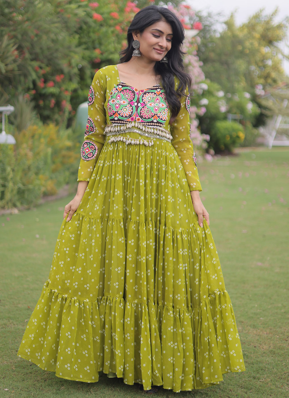 Green Print and Patch Work Faux Georgette Readymade Navratri Gown - Buy Online
