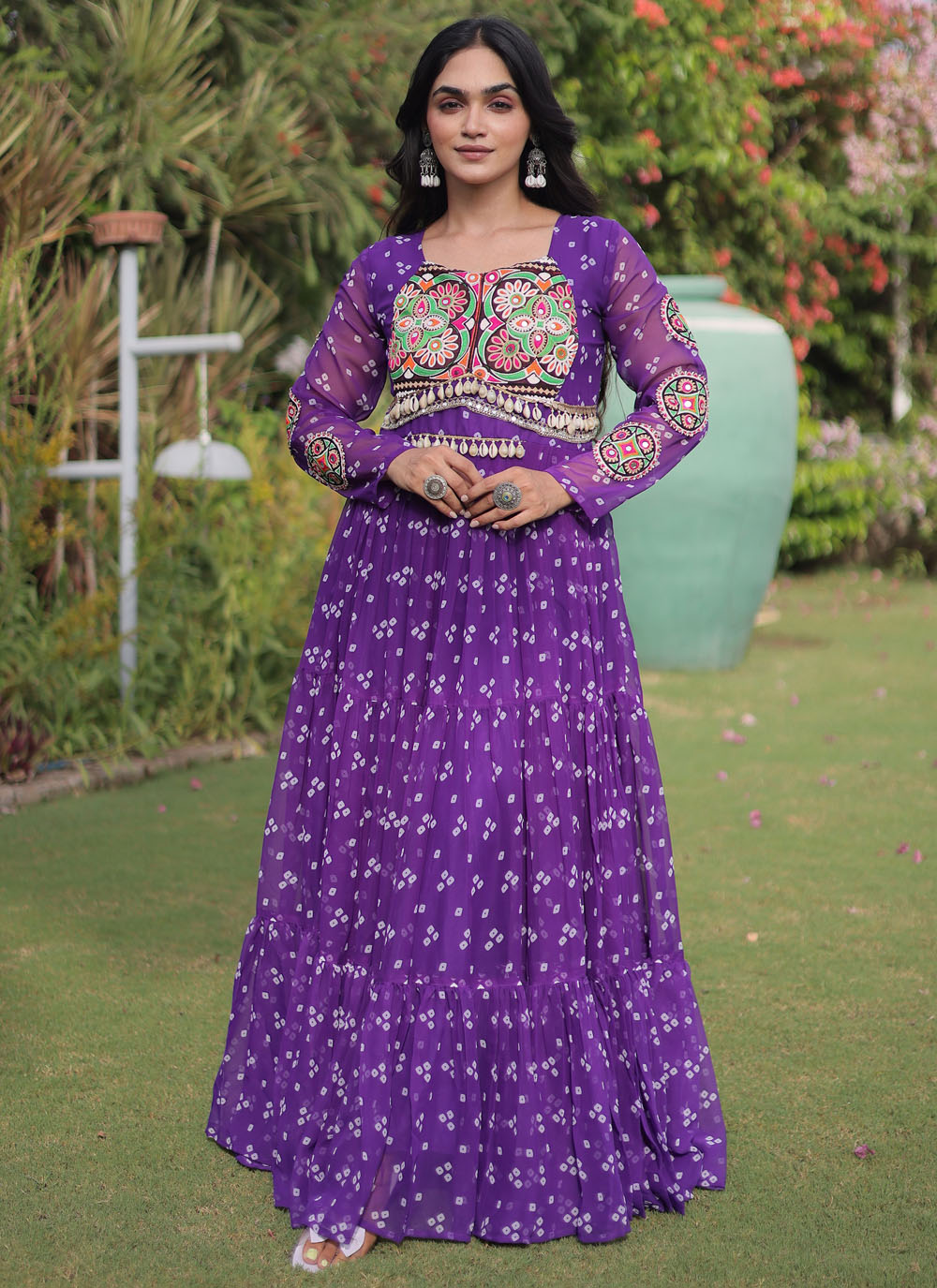Bandhej Print Work Faux Georgette Readymade Gown in Purple - Buy Online