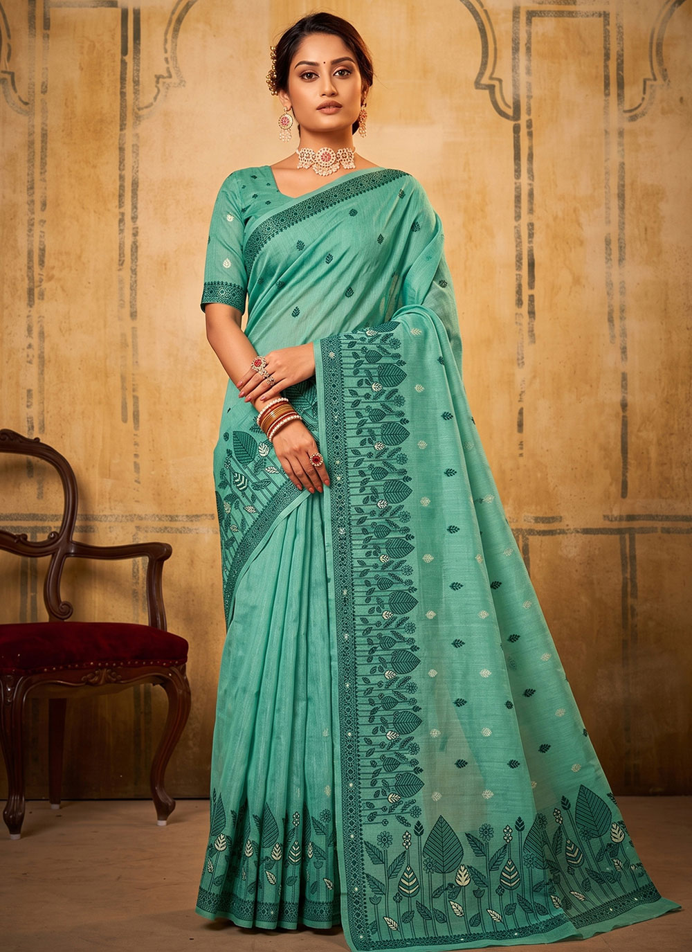 Cotton Woven Work Trendy Saree in Sea Green - Buy Online