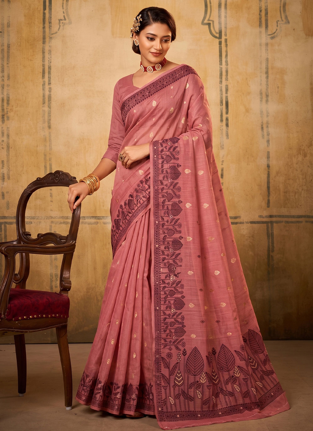 Pink Woven Work Cotton Classic Saree for Festival - Buy Online