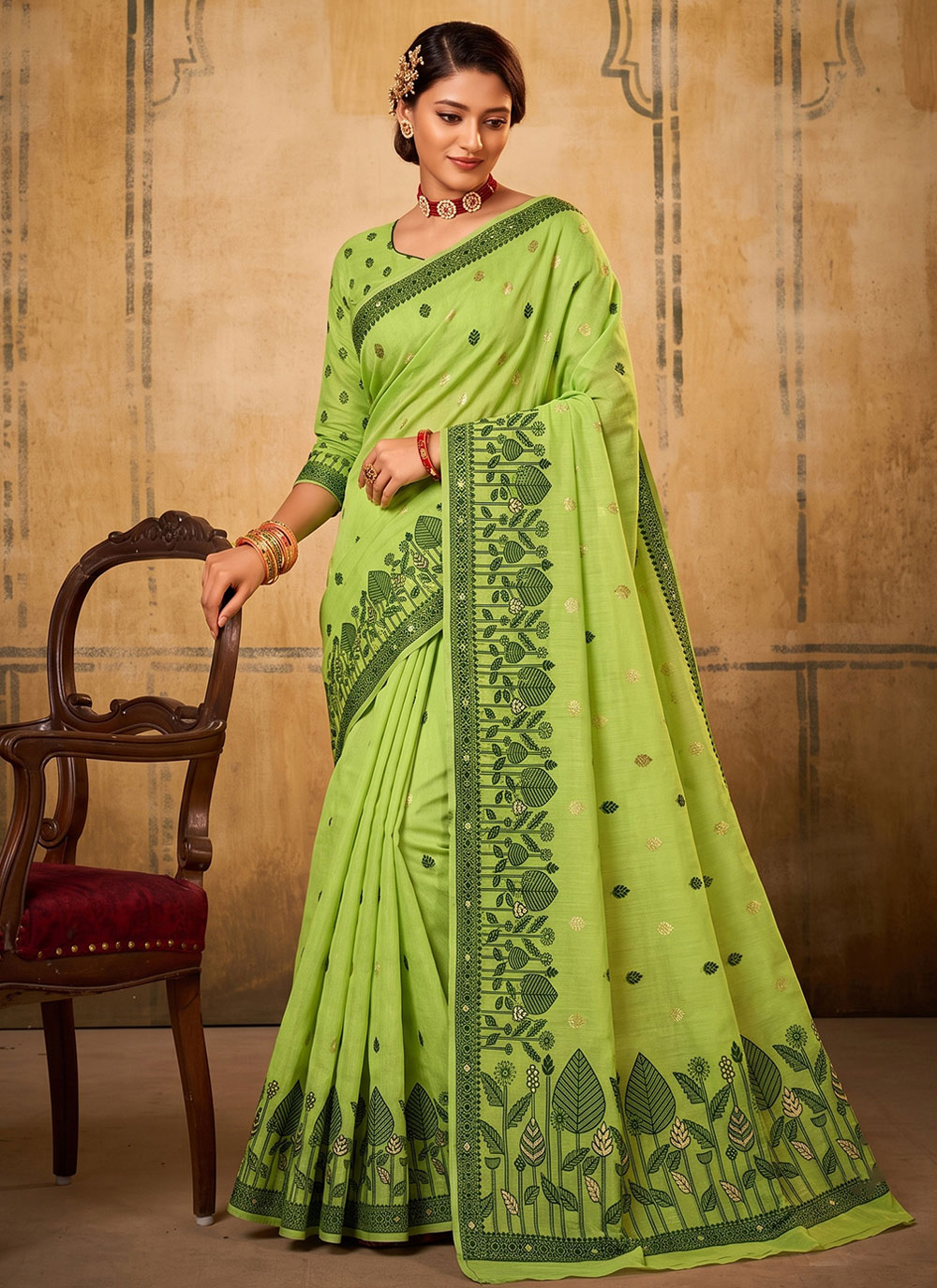 Cotton Woven Green Casual Festive Saree - Buy Online