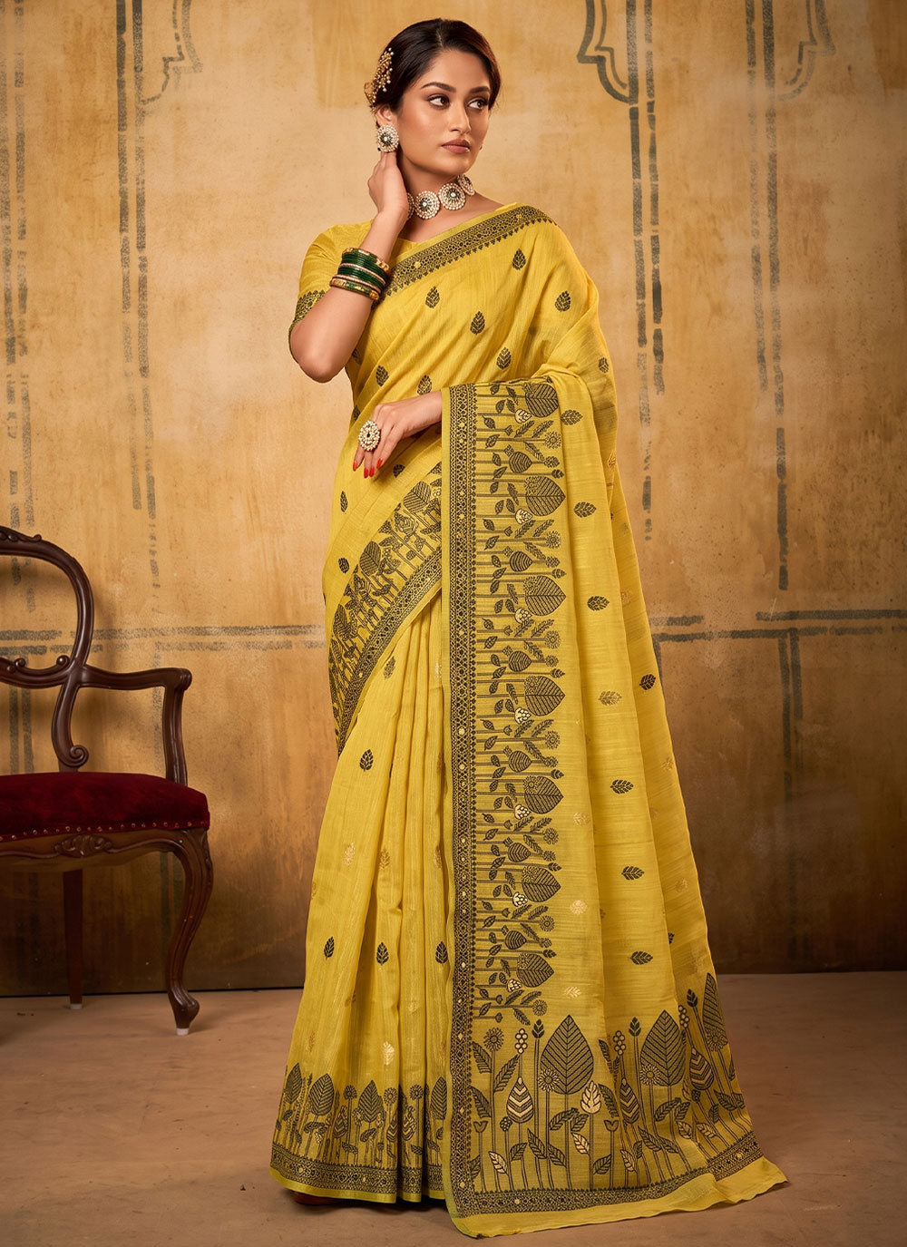 Yellow Woven Cotton Traditional Indian Saree - Buy Online