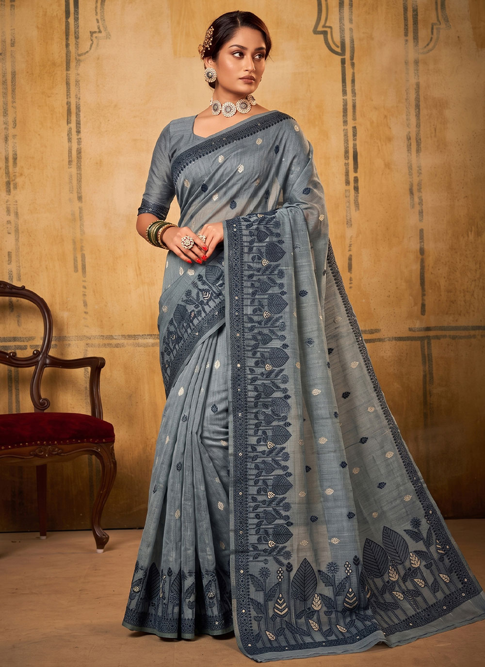 Woven Work Grey Contemporary Saree in Cotton - Buy Online