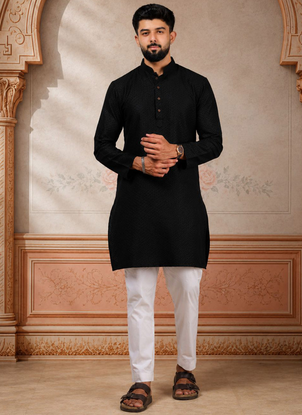Green Cotton Woven Work Kurta Pyjama for Men - Buy Online