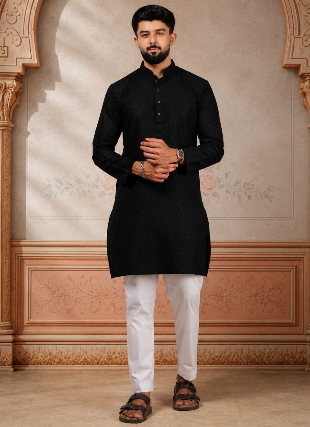 Woven Black Cotton Kurta Pyjama - Buy Online