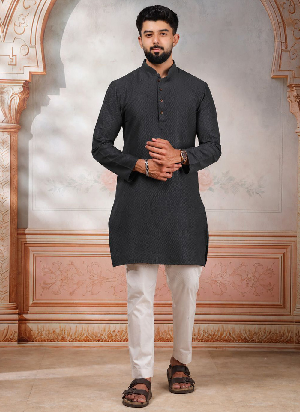 Grey Cotton Woven Kurta Pyjama for Ceremonial - Buy Online