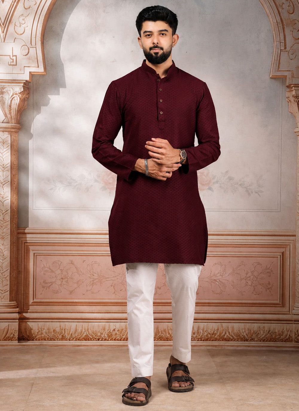 Cotton Maroon Mens Kurta Pyjama with Woven Work - Buy Online