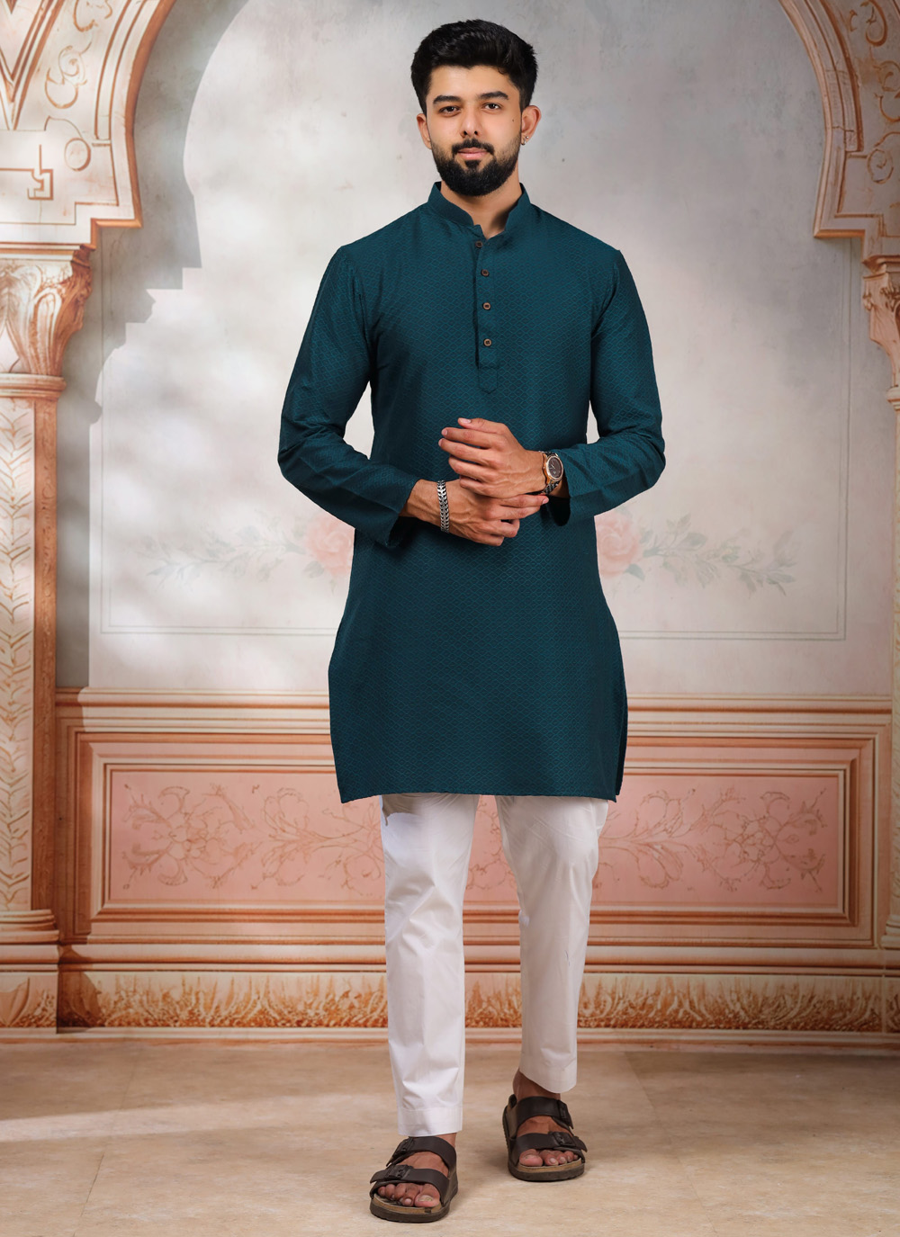 Woven Cotton Kurta Pyjama in Teal Colour - Buy Online