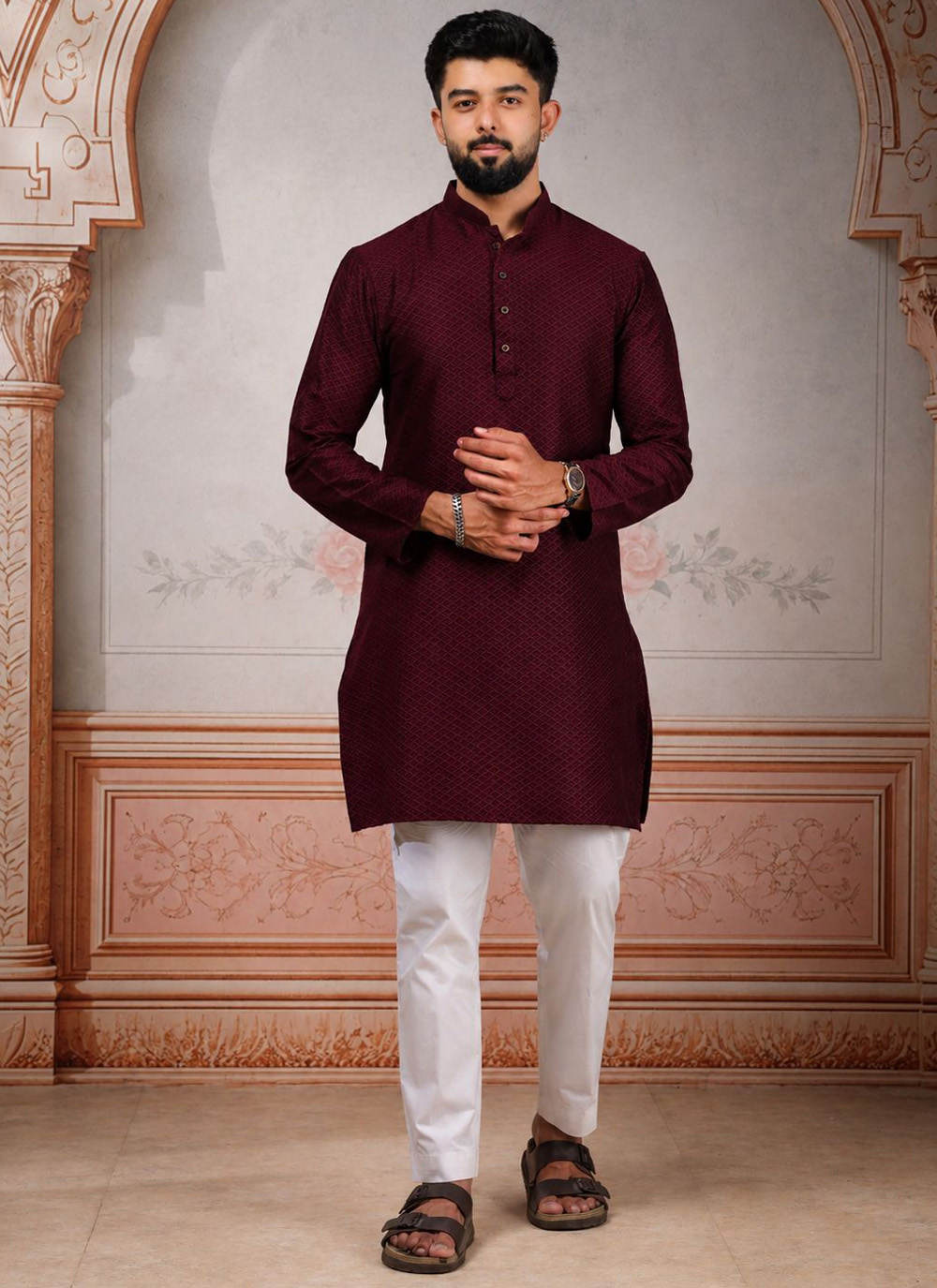 Wine Cotton Woven Festival Wear Kurta Pyjama - Buy Online