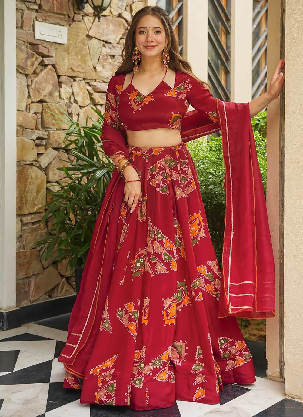 Crepe Silk Digital Printed Red Readymade Lehenga Choli for Women - Buy Online
