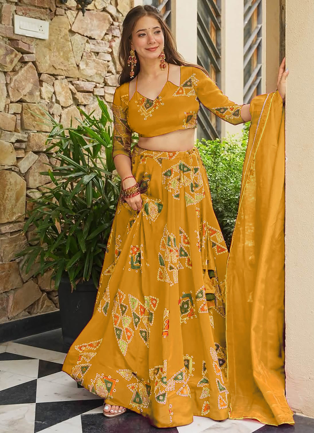 Mustard Crepe Silk Digital Printed Ready To Wear Lehenga Choli - Buy Online