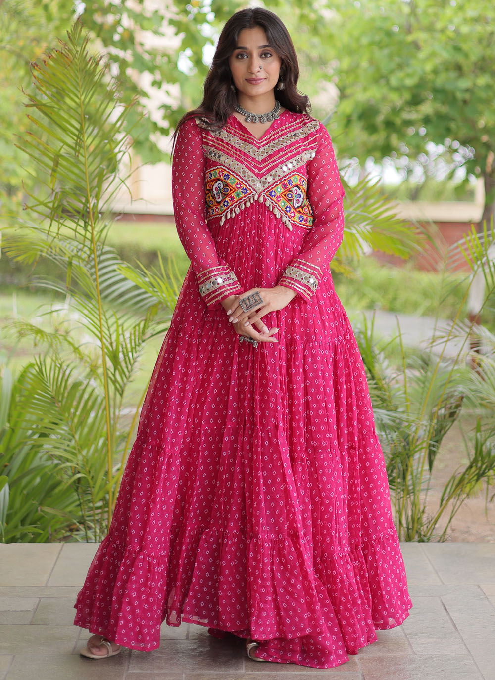 Faux Georgette Bandhej Printed Pink Navratri Gown - Buy Online
