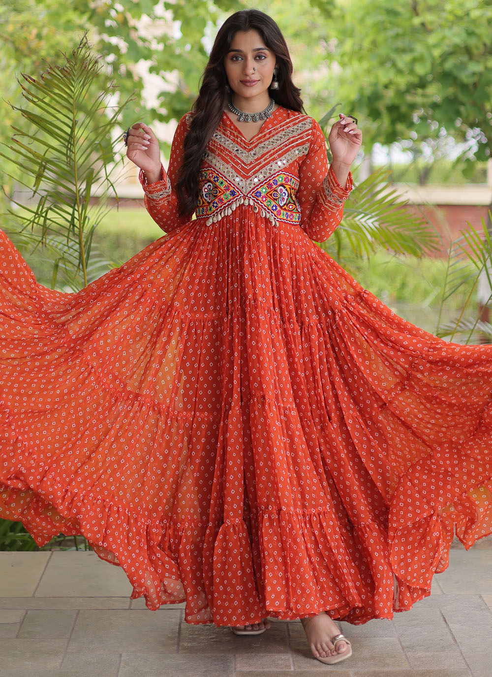 Rust Patch Work Faux Georgette Designer Gown for Garba - Buy Online