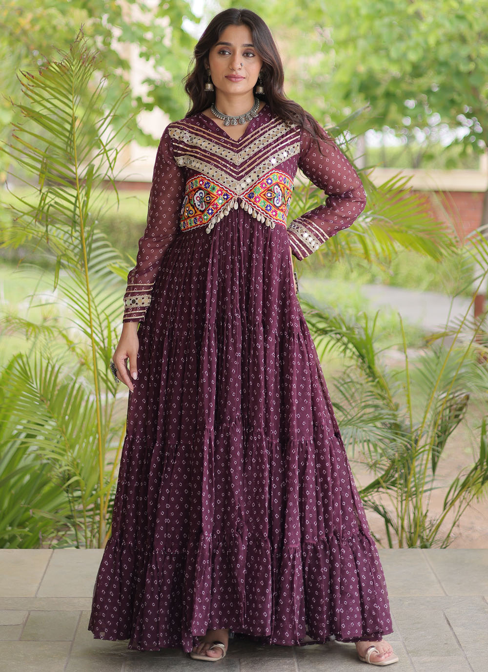 Bandhej Print Faux Georgette Wine Gown for Festival - Buy Online