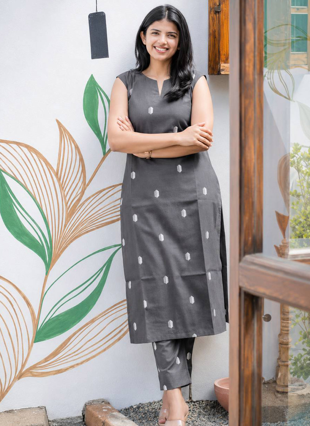 Cotton Blend Printed Casual Kurti Set in Grey - Buy Online