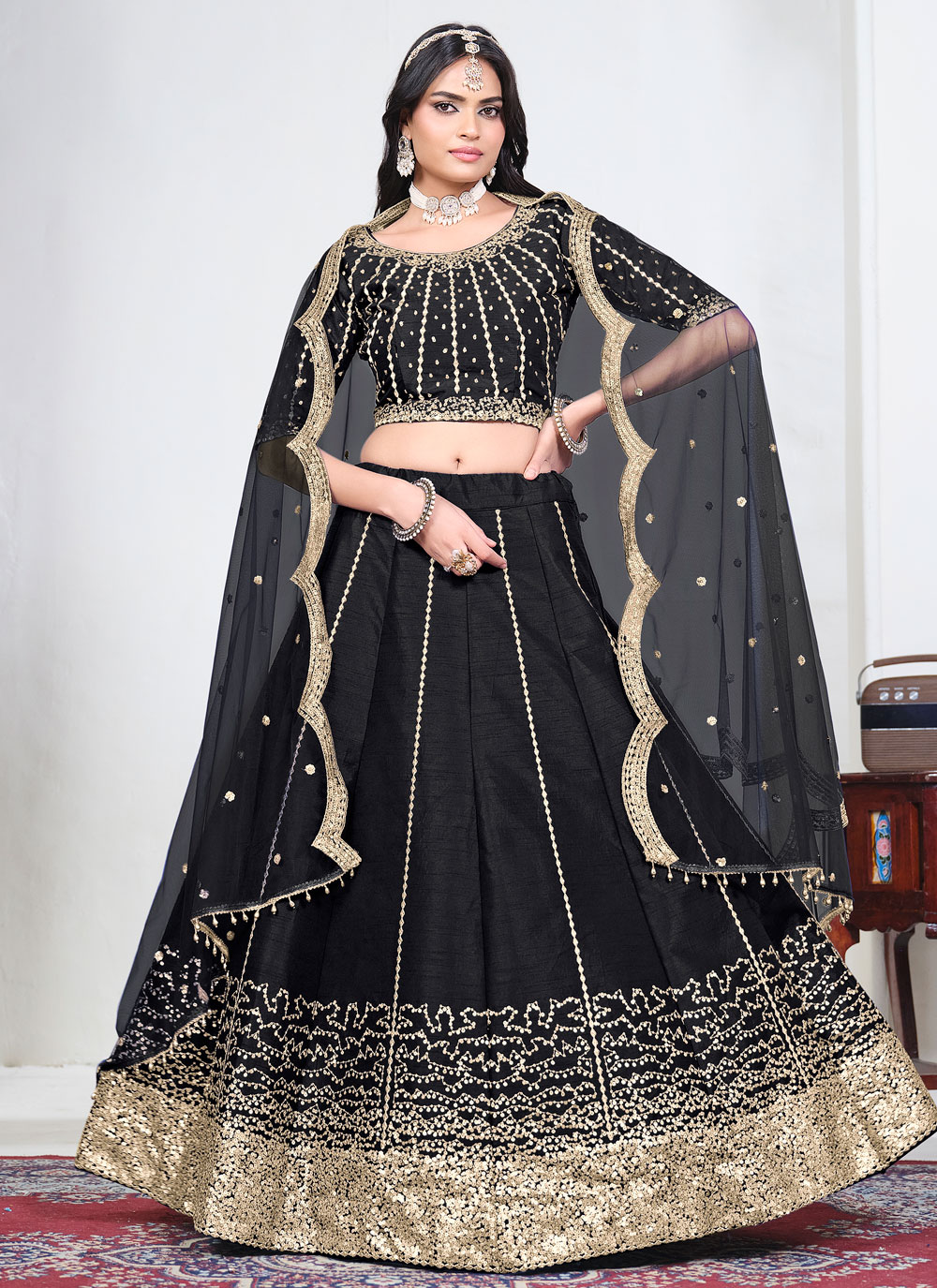 Black Sequins Embroidered Art Silk Designer Lehenga Choli - Buy Online