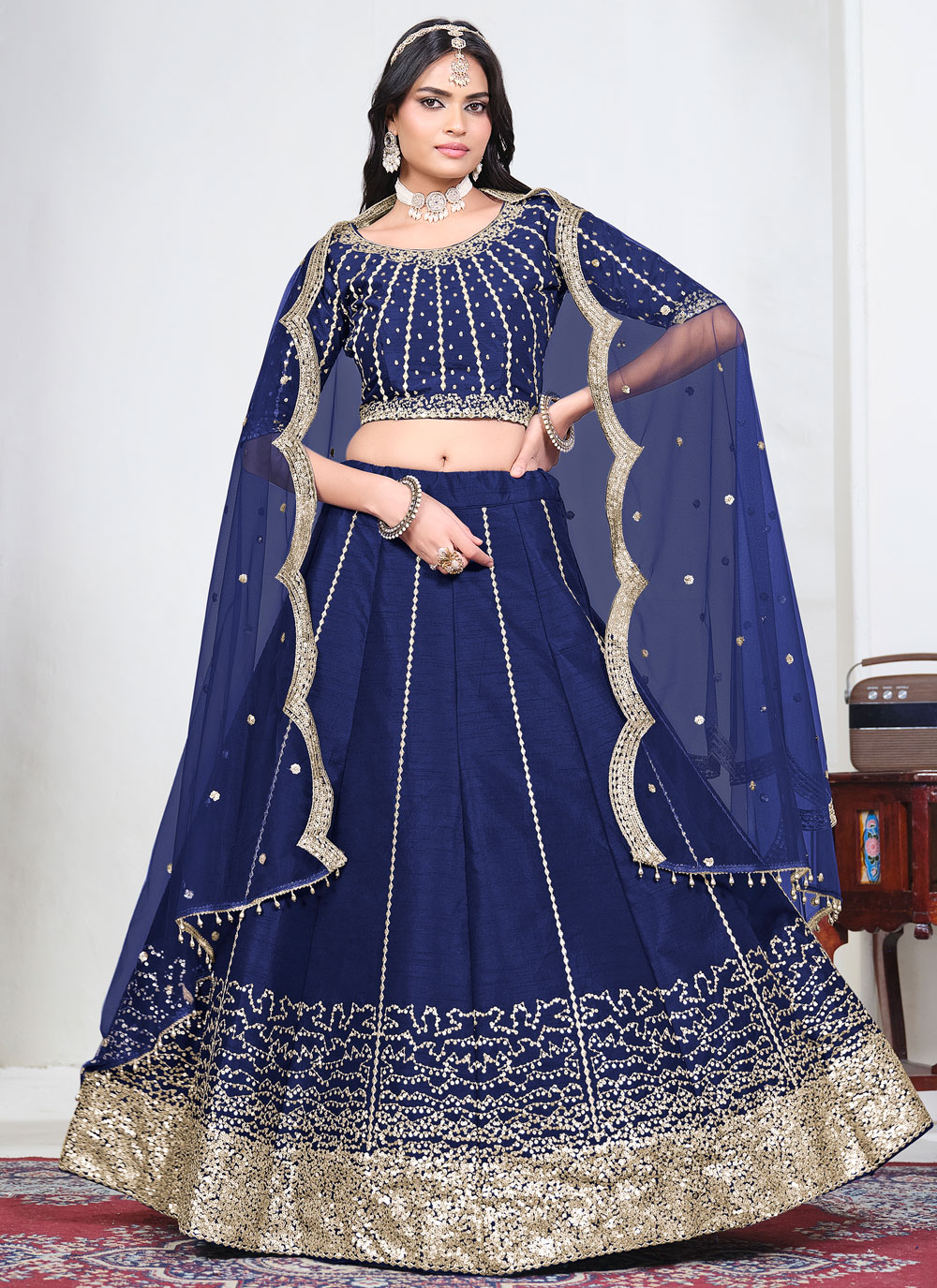 Art Silk Embroidered Blue Wedding Function Lehenga Choli - Buy Online