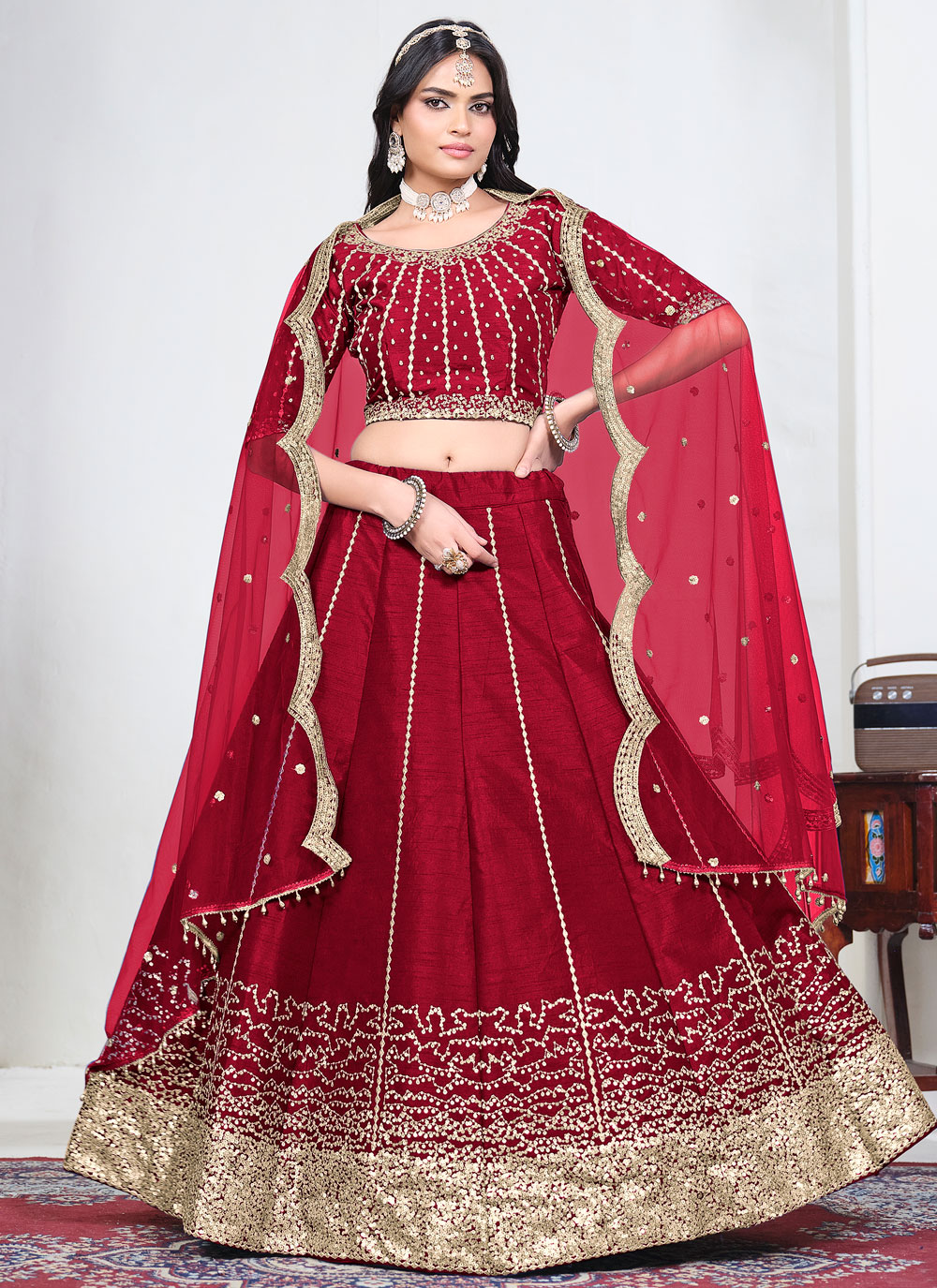 Red Sequins Work Art Silk Lehenga Choli for Wedding - Buy Online
