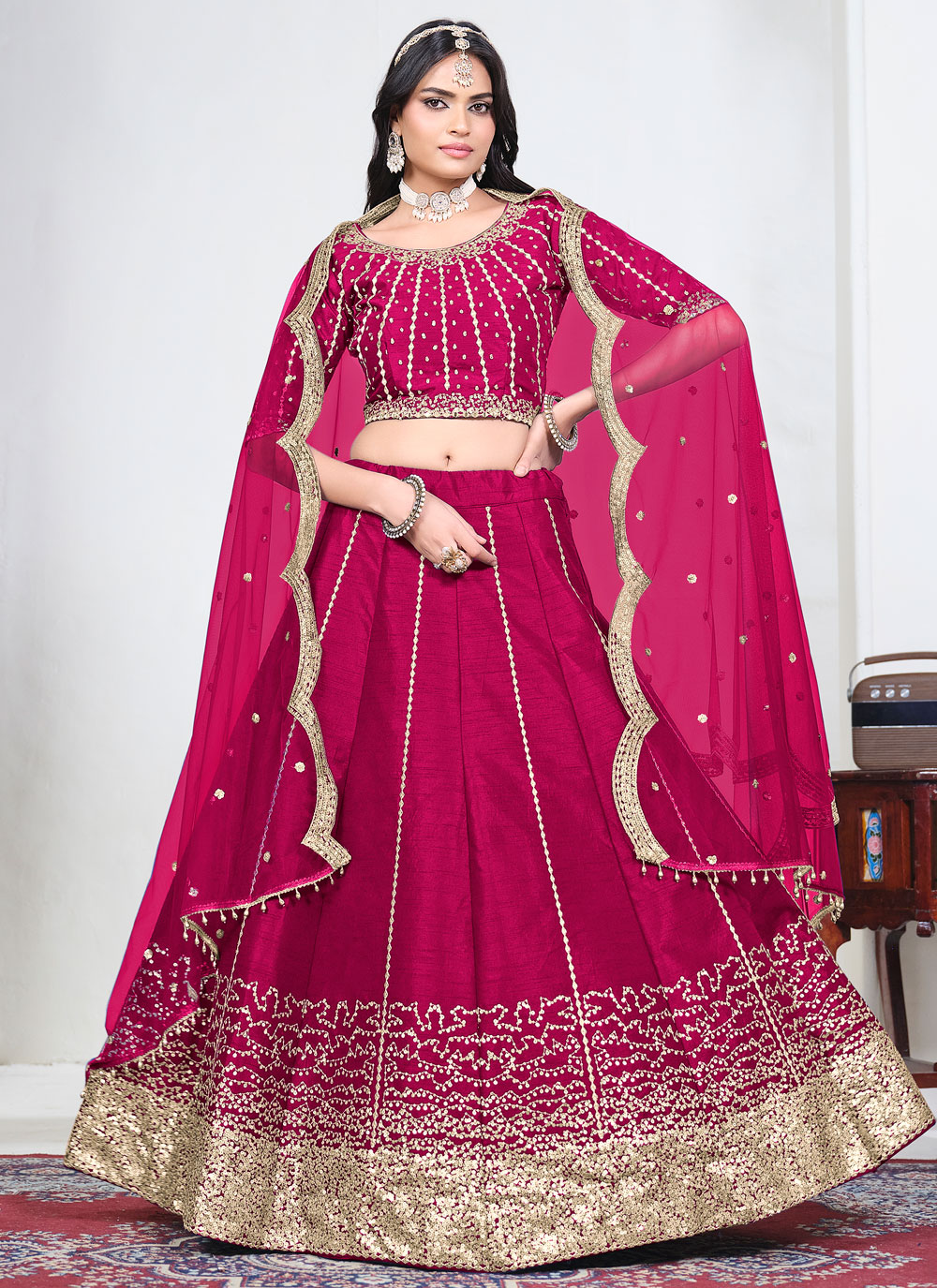 Art Silk Sequins Embroidered Pink Lehenga Choli with Dupatta - Buy Online