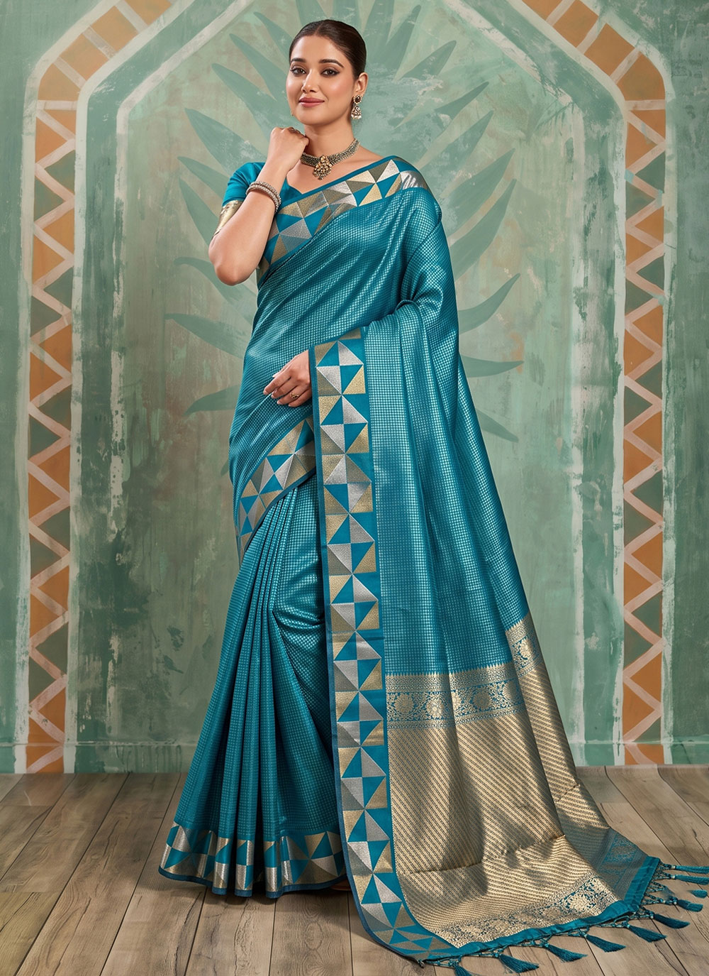Woven Work Teal Art Silk Trendy Casual Saree - Buy Online