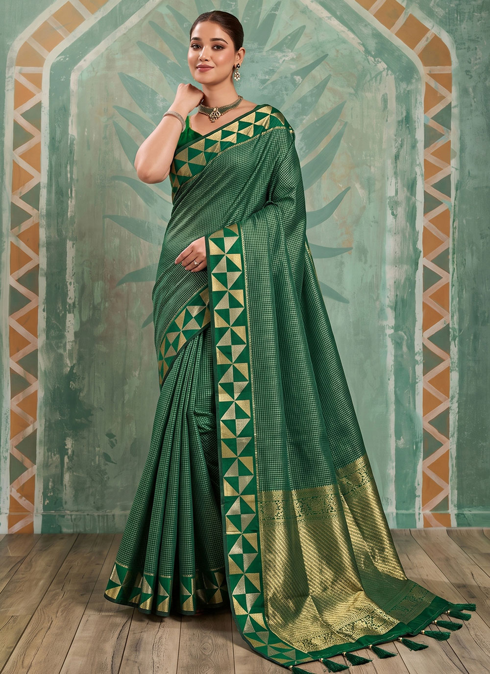 Art Silk Woven Work Traditional Green Saree - Buy Online