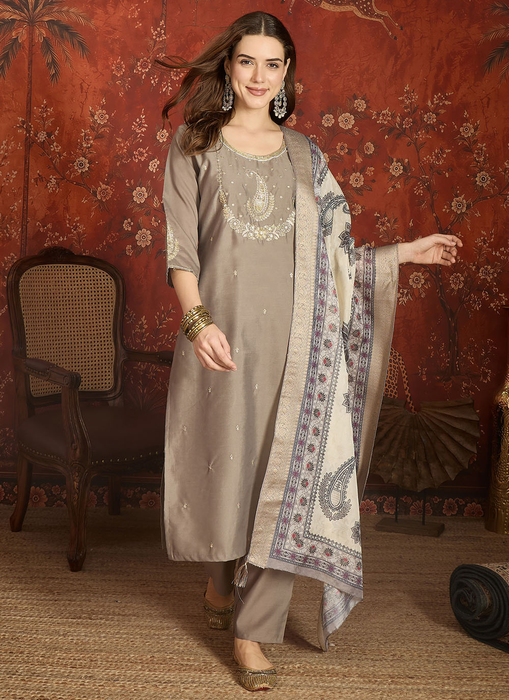 Grey Silk Embroidered Readymade Salwar Kameez - Buy Online