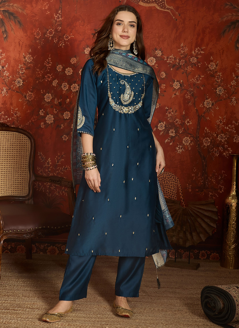 Silk Embroidered Blue Pant Style Salwar Suit - Buy Online