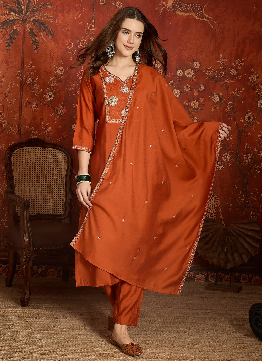 Embroidered Silk Salwar Suit in Orange Color - Buy Online