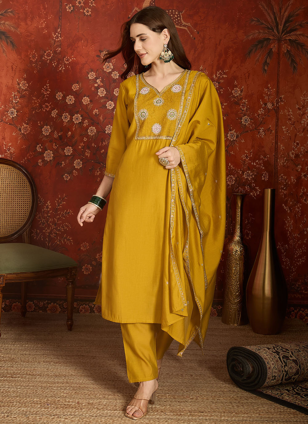 Mustard Silk Embroidered Salwar Kameez for Ceremonial - Buy Online