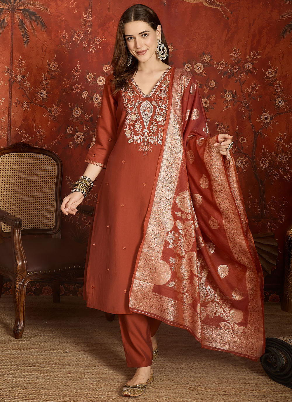 Silk Rust Embroidered Festival Wear Salwar Suit - Buy Online