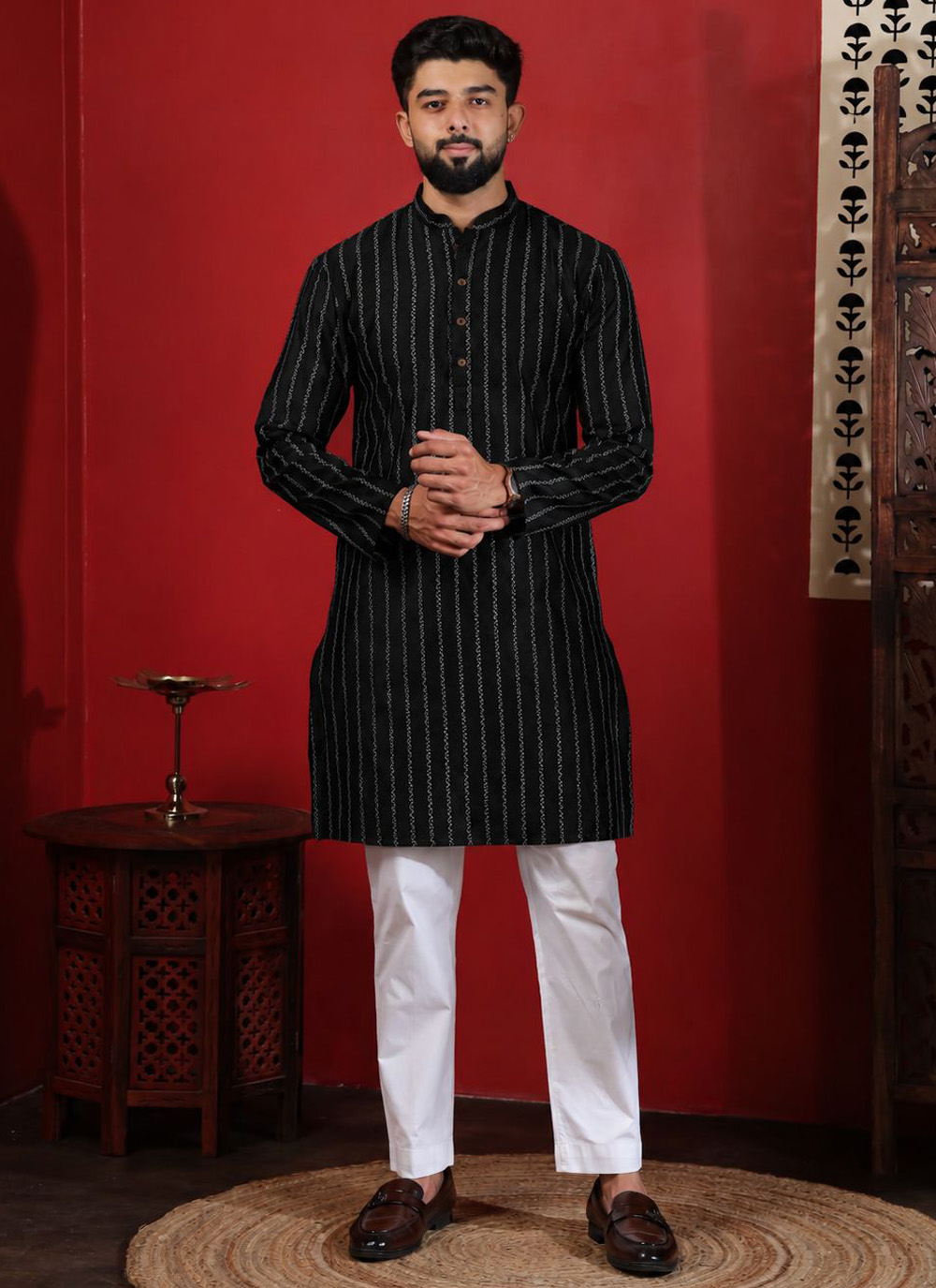 Black Cotton Woven Work Trendy Kurta Pyjama - Buy Online