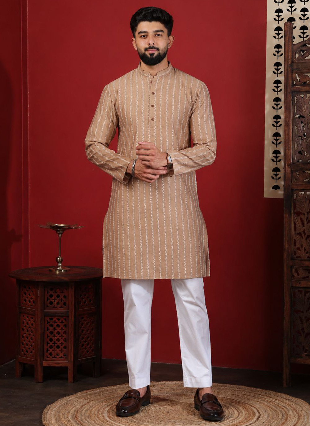 Cotton Beige Woven Work Kurta Pyjama for Festival - Buy Online
