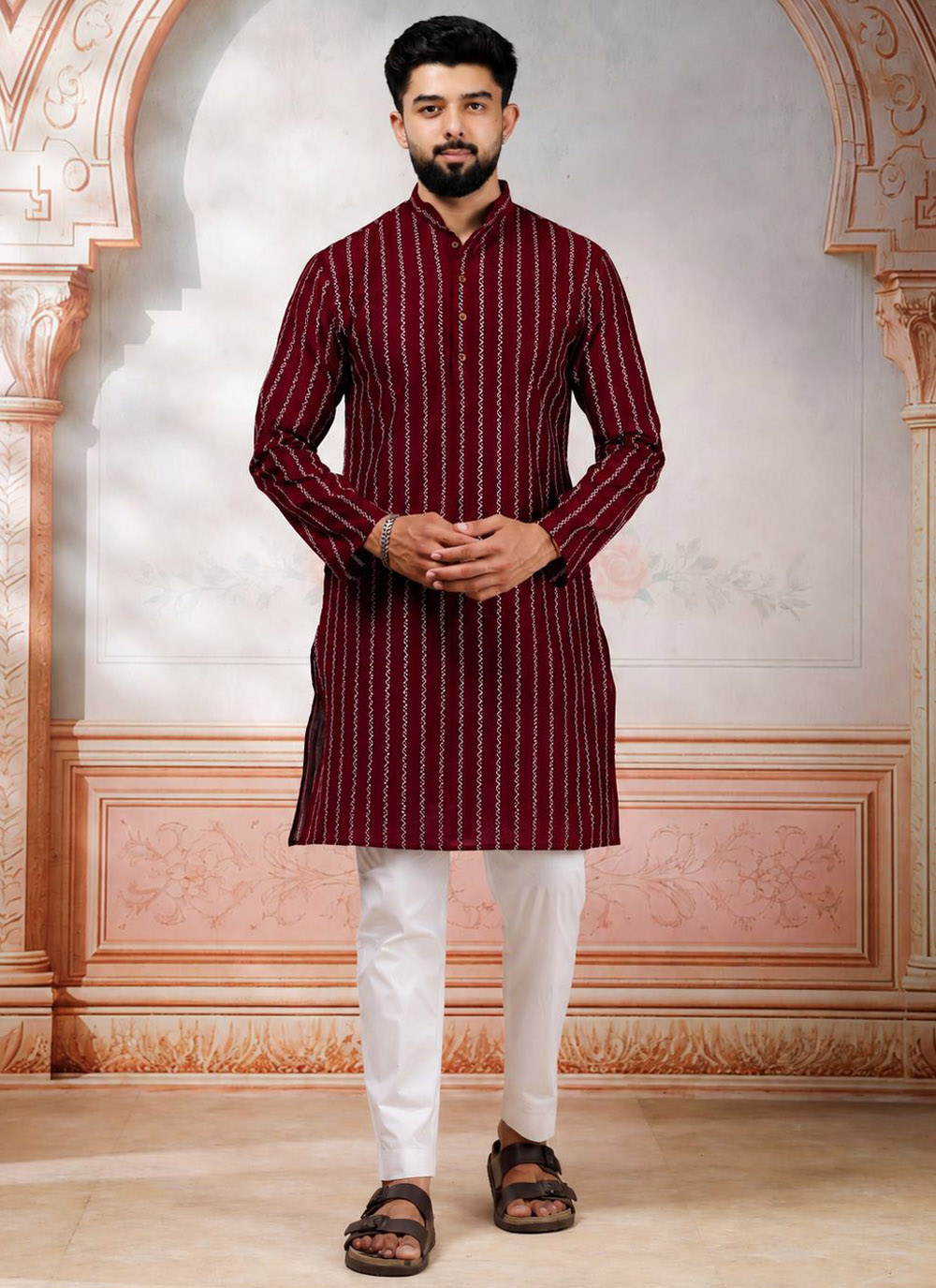 Woven Cotton Maroon Kurta Pyjama for Engagement - Buy Online