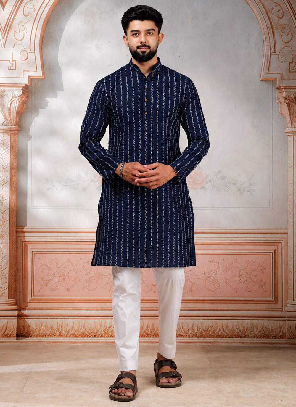 Navy Blue Cotton Woven Designer Kurta Pyjama - Buy Online