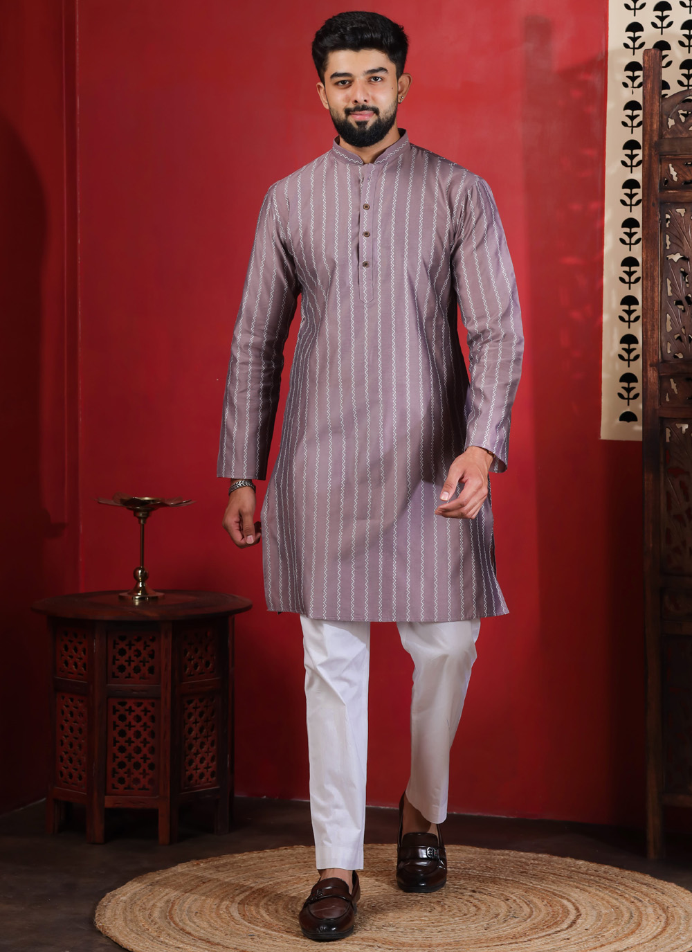 Cotton Grey Woven Work Kurta Pyjama for Men - Buy Online