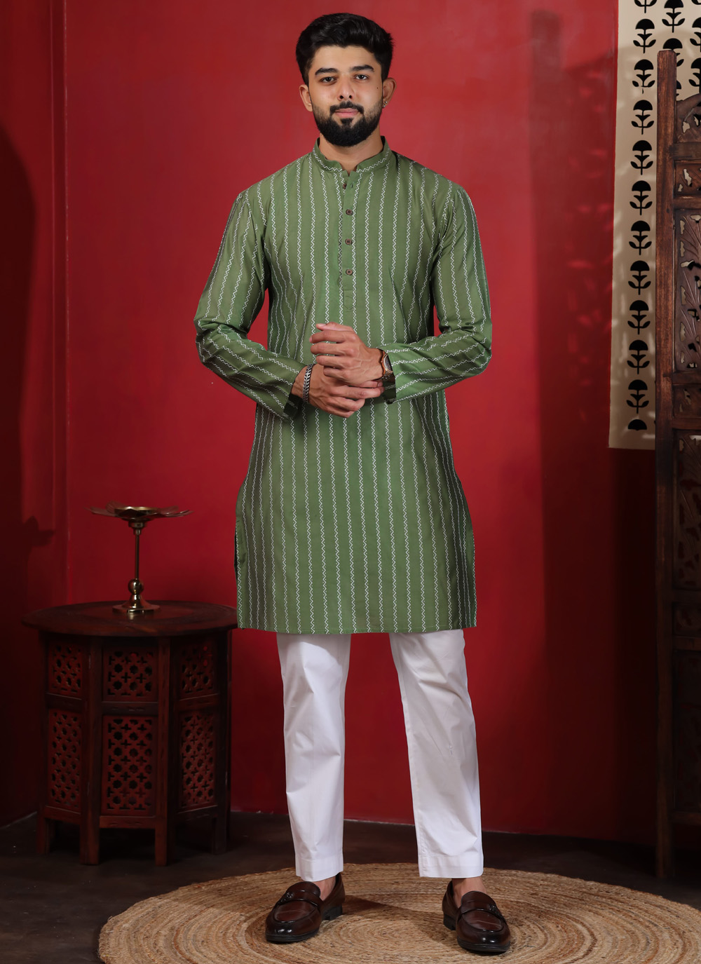 Woven Green Cotton Kurta Pyjama for Ceremonial - Buy Online