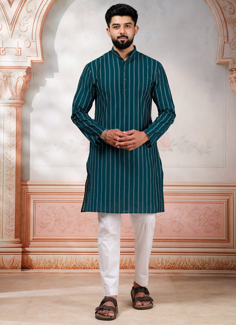 Teal Cotton Woven Work Kurta Pyjama Mens Wear - Buy Online